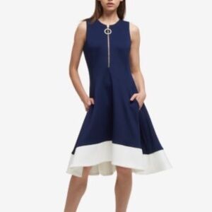 DKNY Navy and White Sleeveless Midi Dress with Zip Detail
